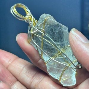 Translucent Beach Glass Rock Pendant Clear Sea Glass in Fold Tone Wire Wrapping